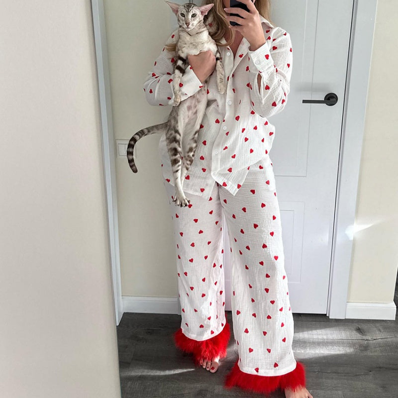 Heart Print Pajama Set with Feather Trim