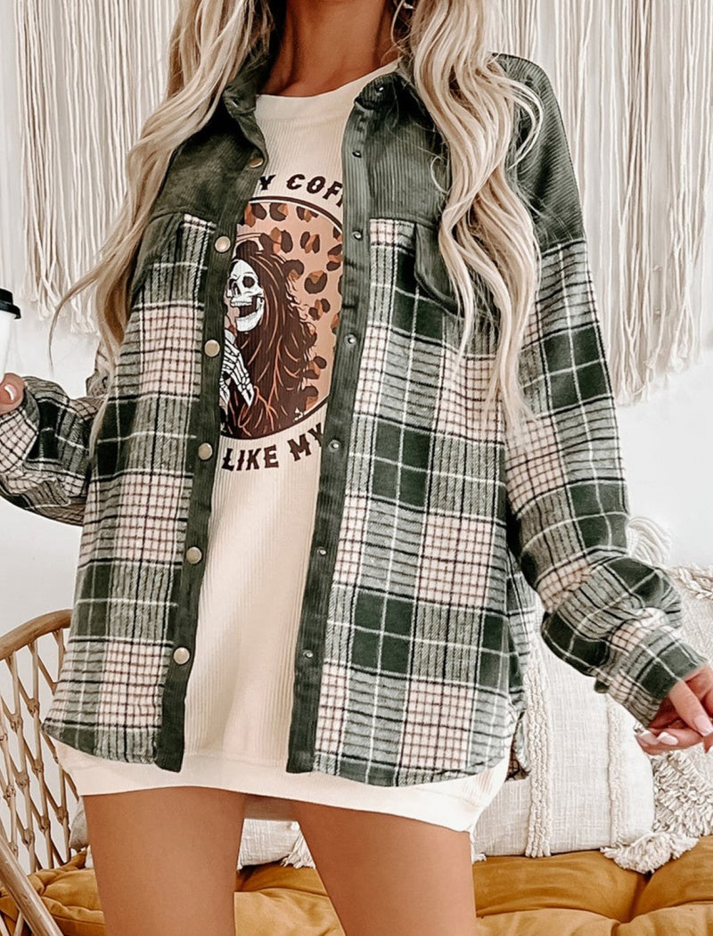 Plaid Color-Blocked Shirt Jacket
