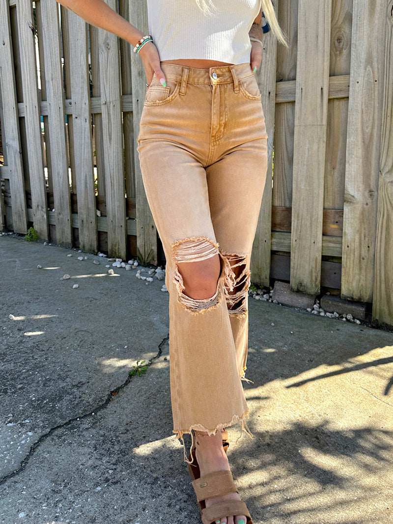 Distressed High-Rise Flared Jeans