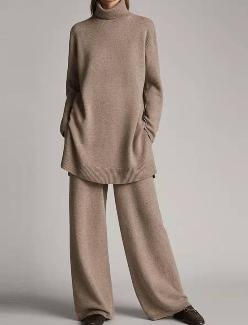 Knitted Solid Color High-Neck Relaxed Two-Piece Set