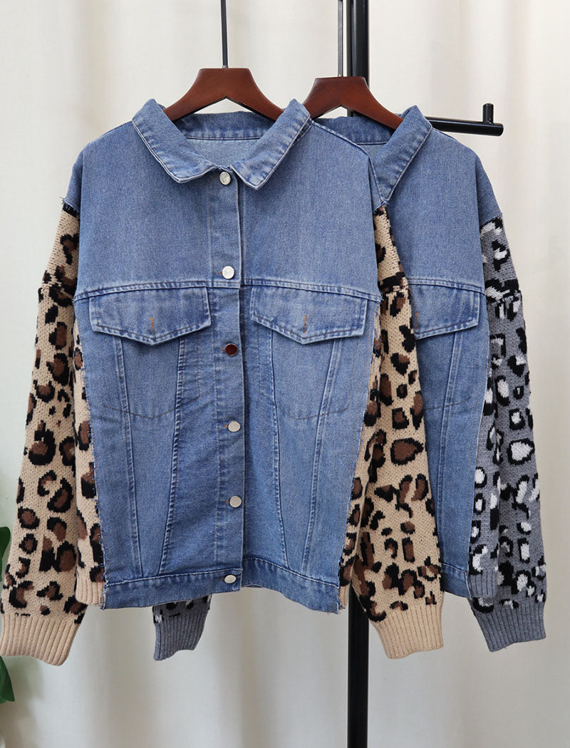 Denim Jacket with Knit Patterned Sleeves