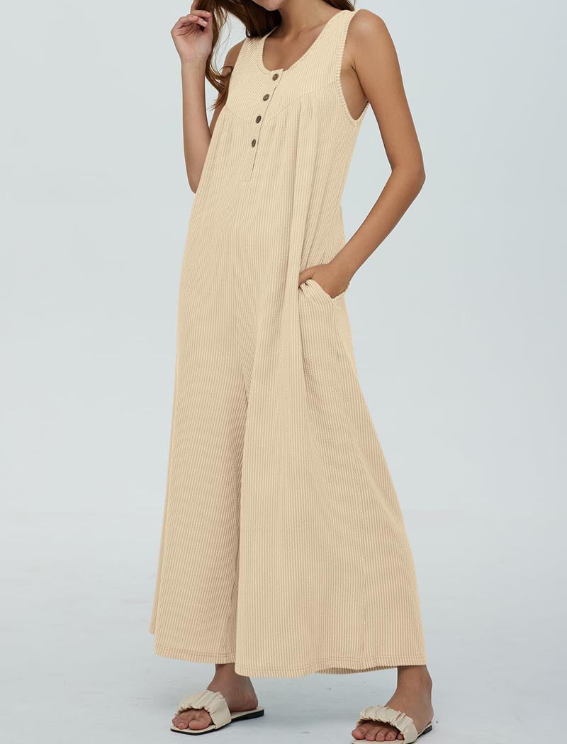 Button-Front Wide-Leg Sleeveless Jumpsuit