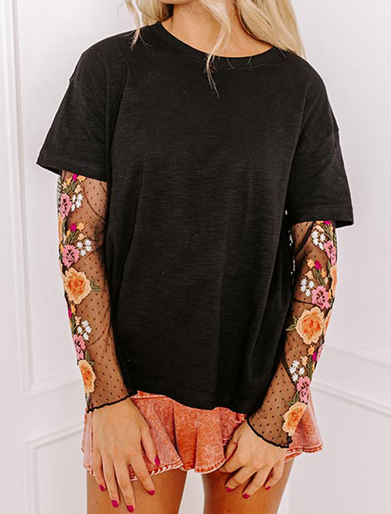 Oversized Tee with Sheer Lace Sleeves