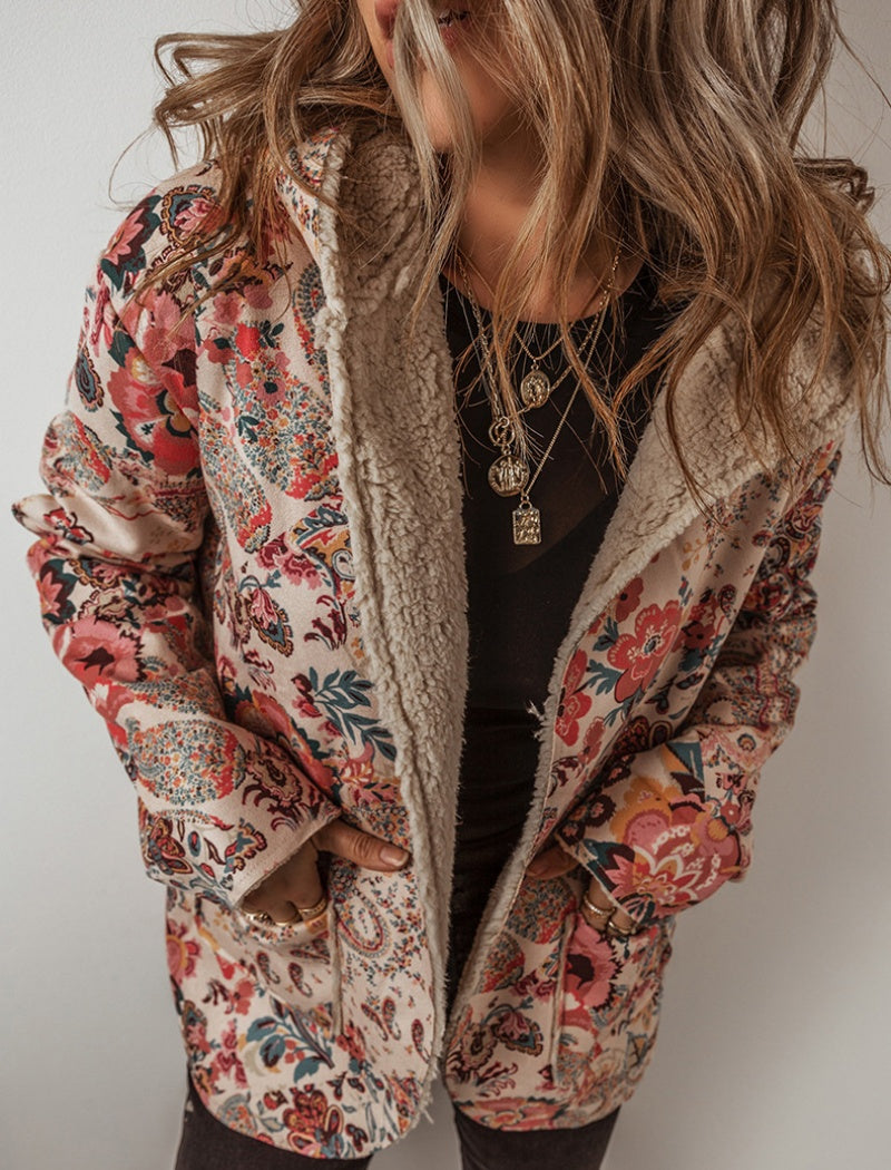 Floral Print Hooded Jacket with Fleece Lining