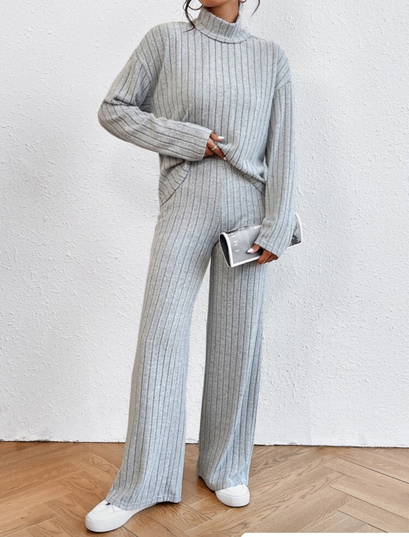 Ribbed Knit Long Sleeve Top and Pants Set