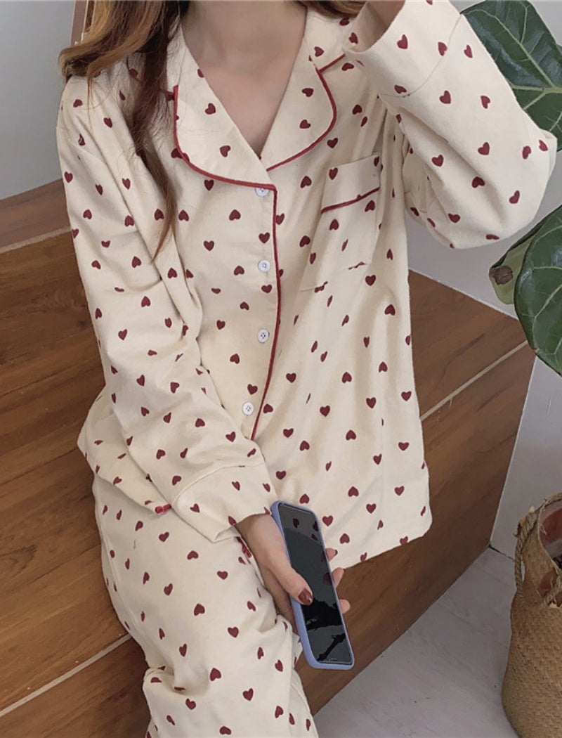 Brushed Heart Print Long Sleeve Pajamas