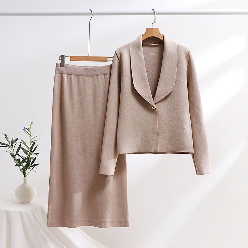 Two-Piece Set with Long Sleeve Solid Top & High-Waisted Skirt