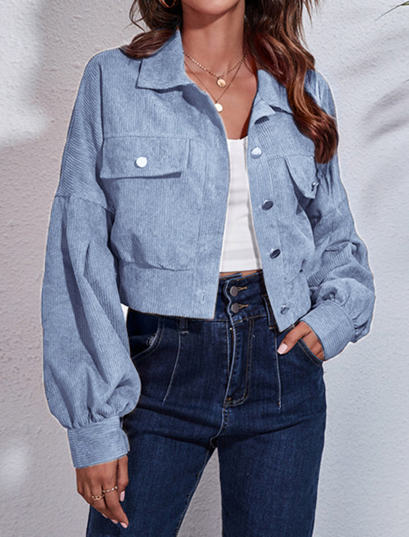 Corduroy Lantern Sleeve Cropped Jacket