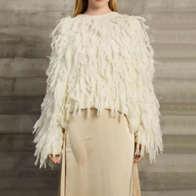 Textured Fringe Knit Sweater with Relaxed Fit