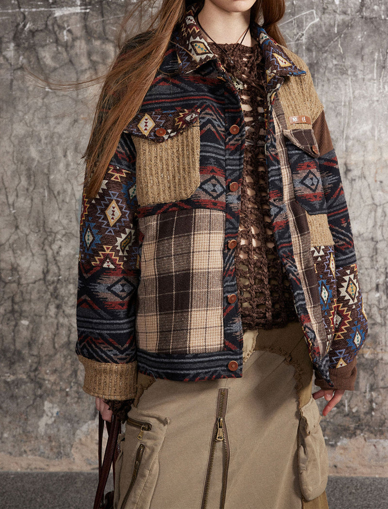 Patterned Patchwork Button-Up Jacket