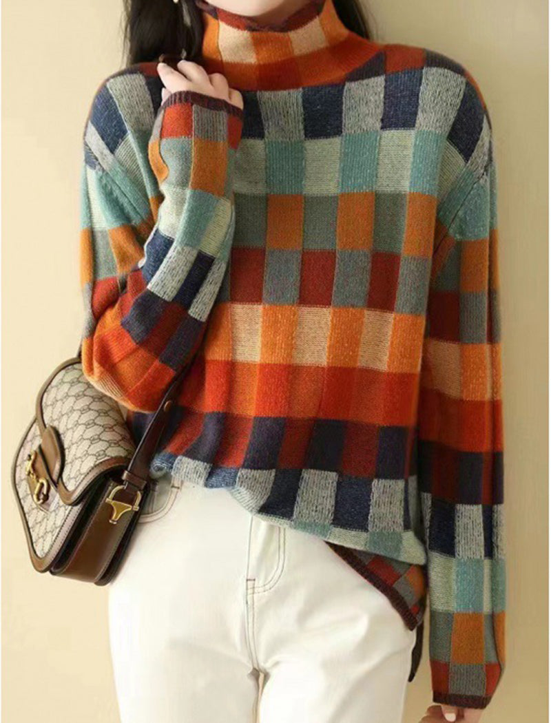 Colorful Checkered Knit Sweater