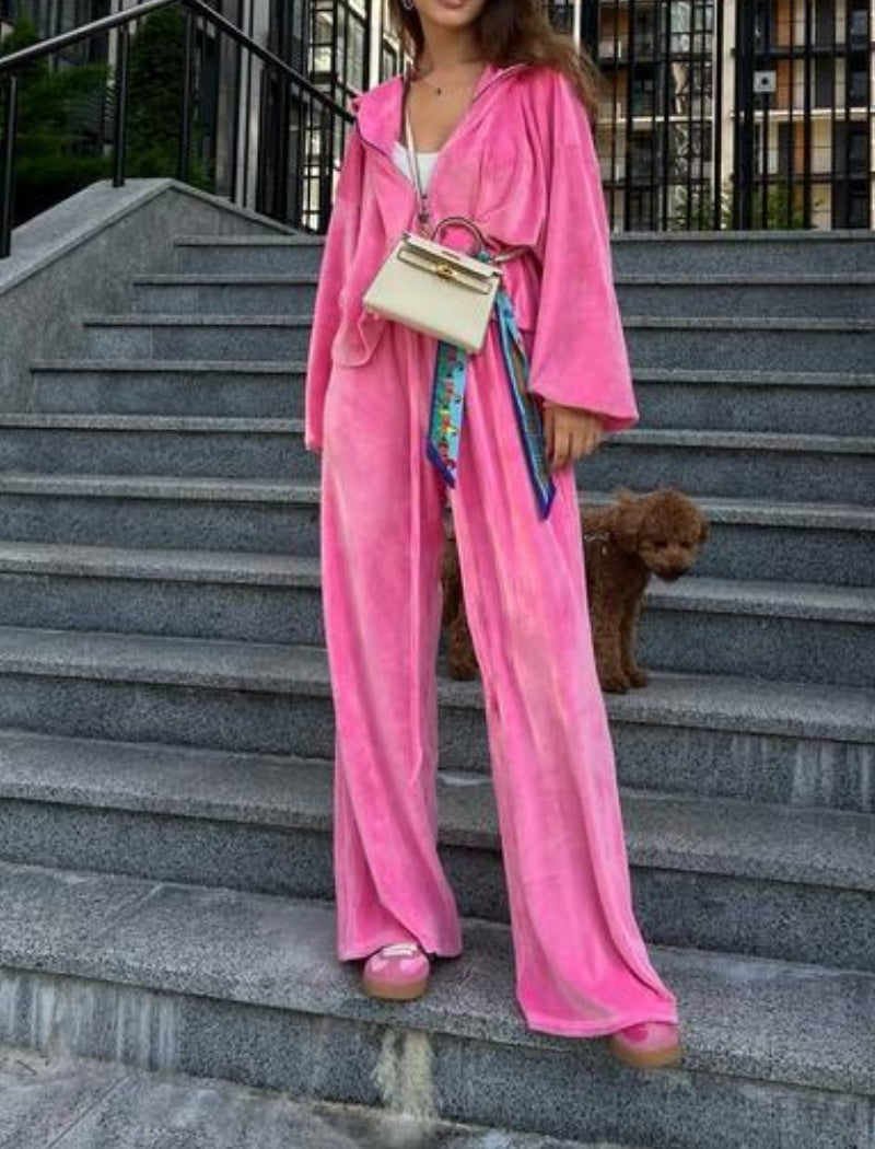 Hooded Belted Lounge Set with Wide Pants