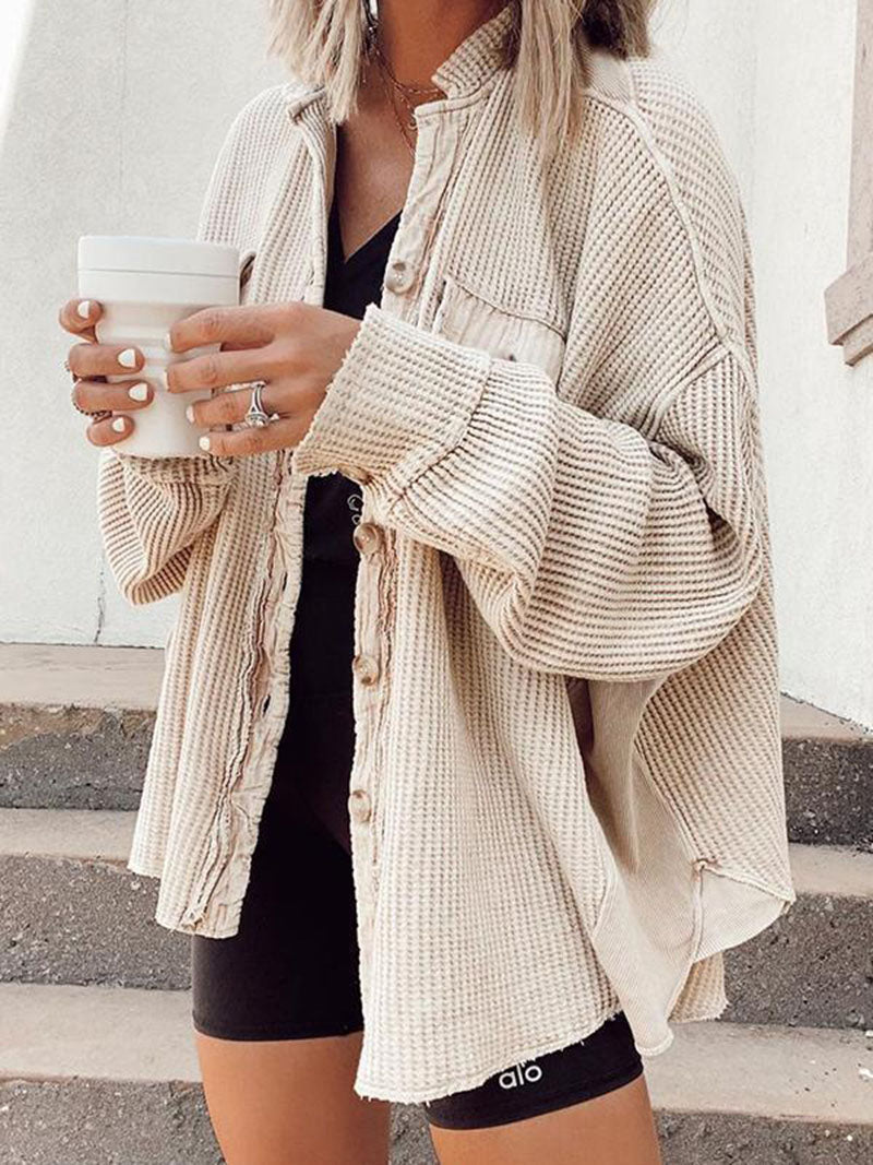 Button-Up Frayed Waffle Shacket