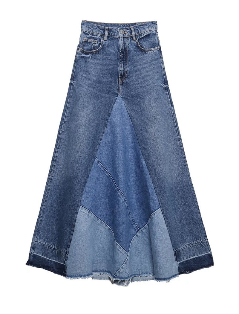 Patchwork Denim A-Line Skirt