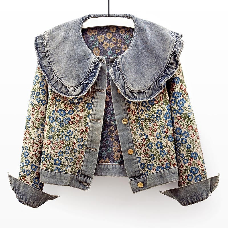 Floral Denim Jacket with Ruffle Collar