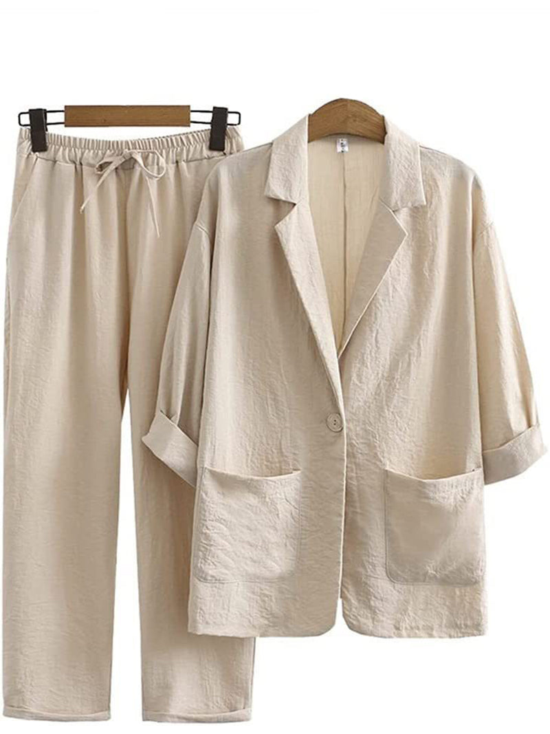 Solid Blazer and Drawstring Pants Set