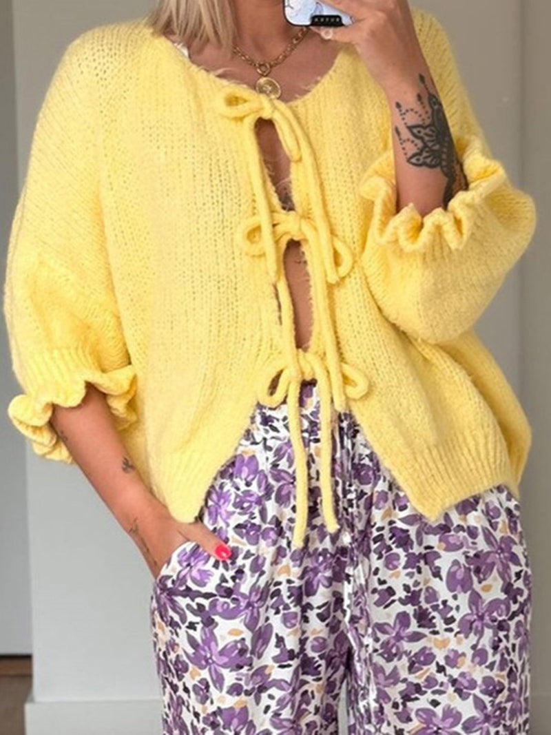 Tie-Front Ruffle Sleeve Sweater
