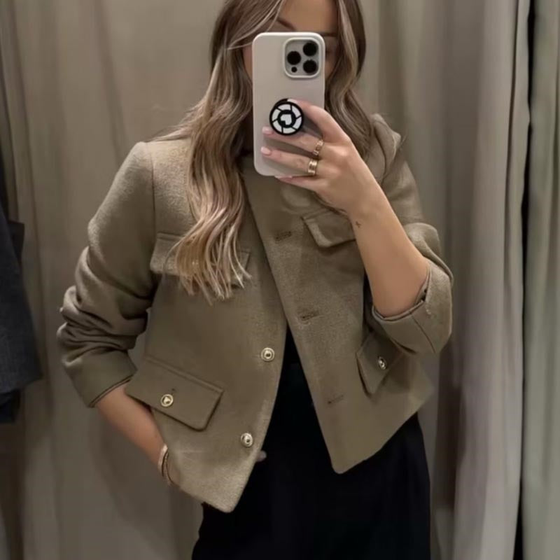 Pocket Front Cropped Button-Up Jacket