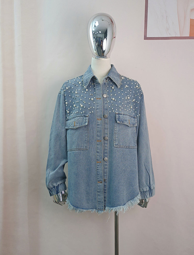 Faux Pearl Embellished Oversized Denim Jacket