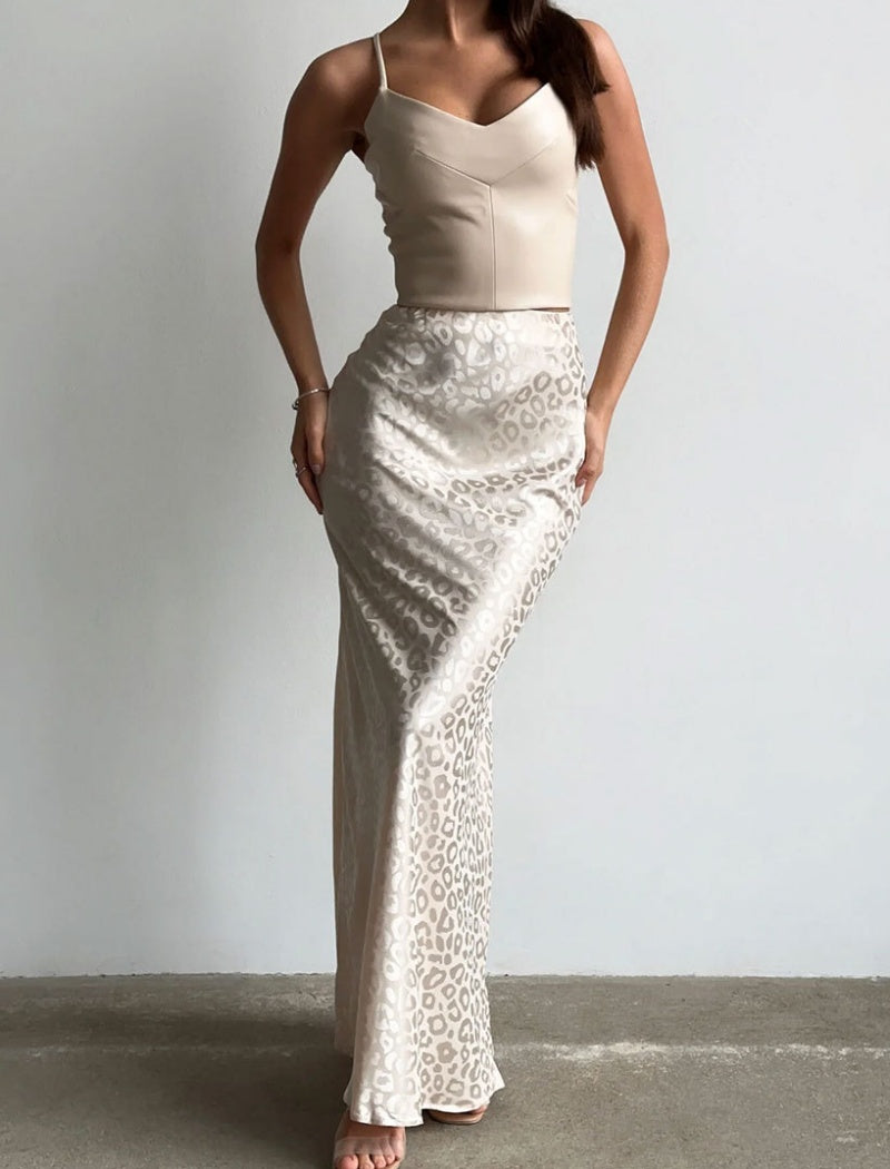 Satin Leopard Print Maxi Skirt