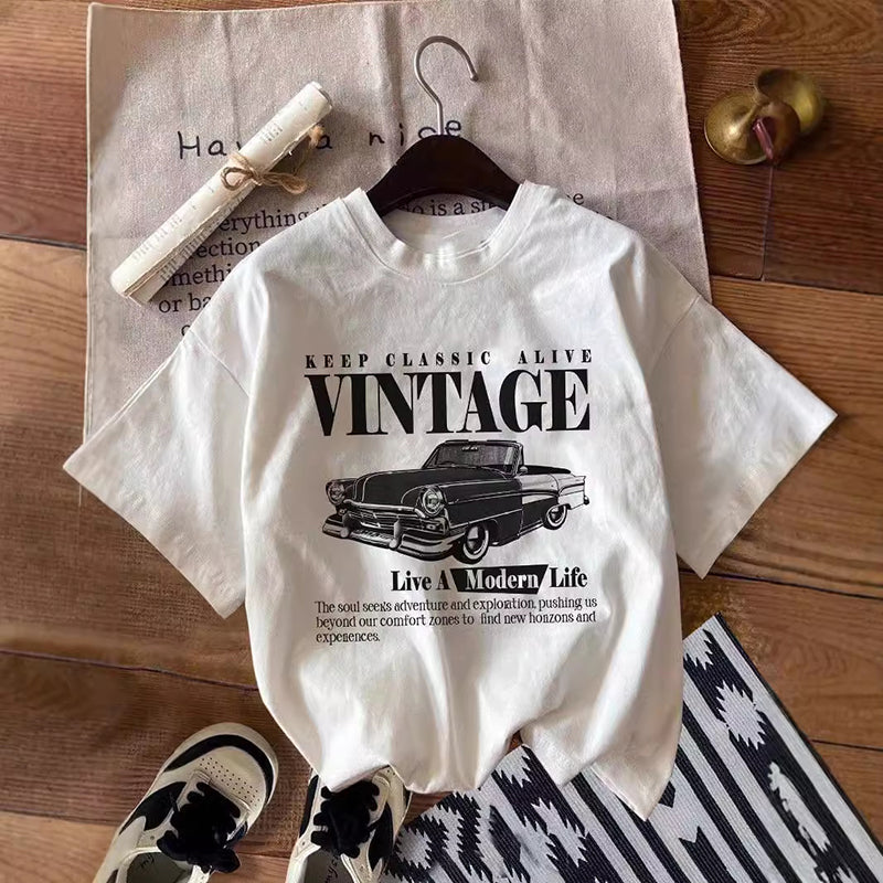 Printed White Loose-Fit Pullover T-Shirt