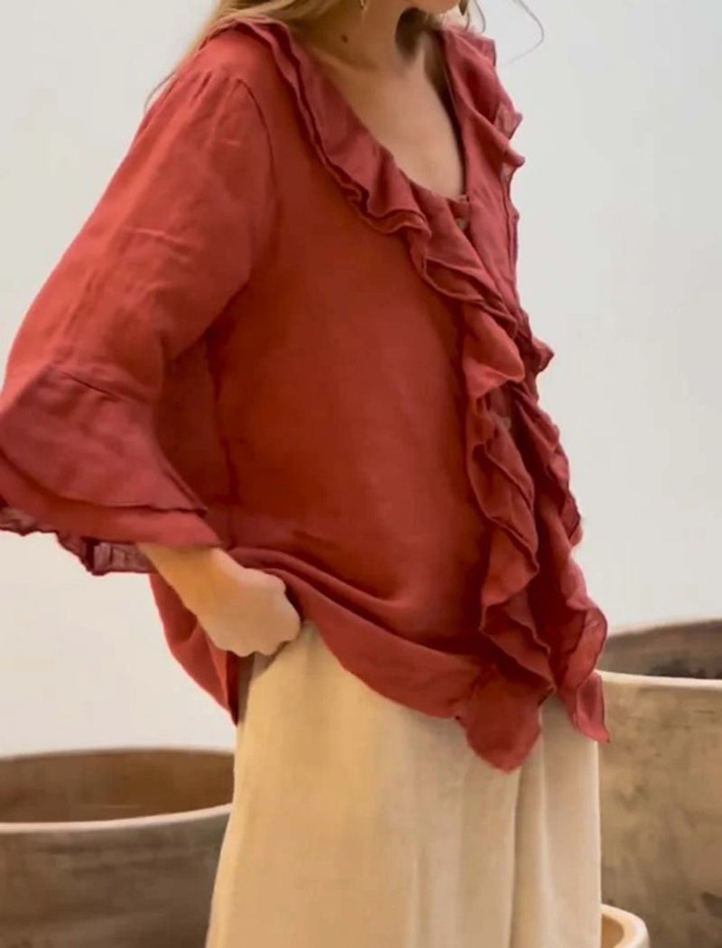 Ruffle Trim Solid Blouse