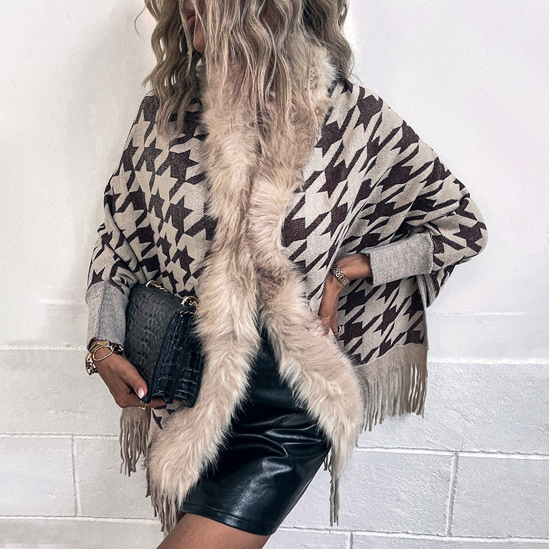 Colorblock Houndstooth Fur Collar Shawl Coat