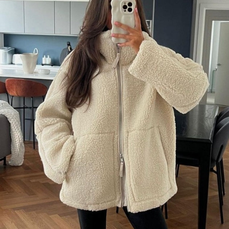 Zip-Up Teddy Jacket with Oversized Fit