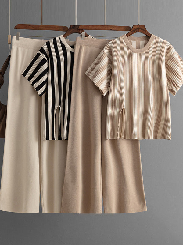 Striped Short-Sleeve Top & Wide-Leg Pants Set