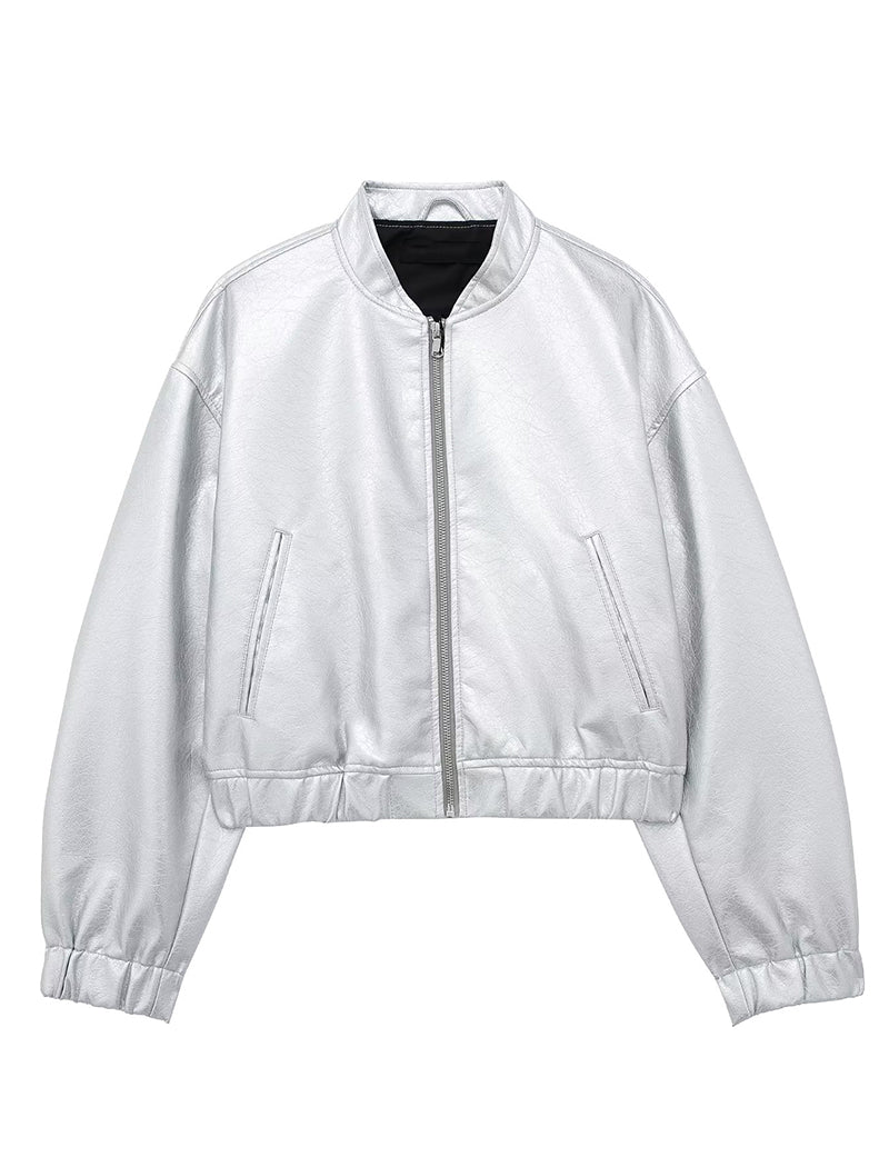 Metallic Zip-Up Cropped Bomber Jacket