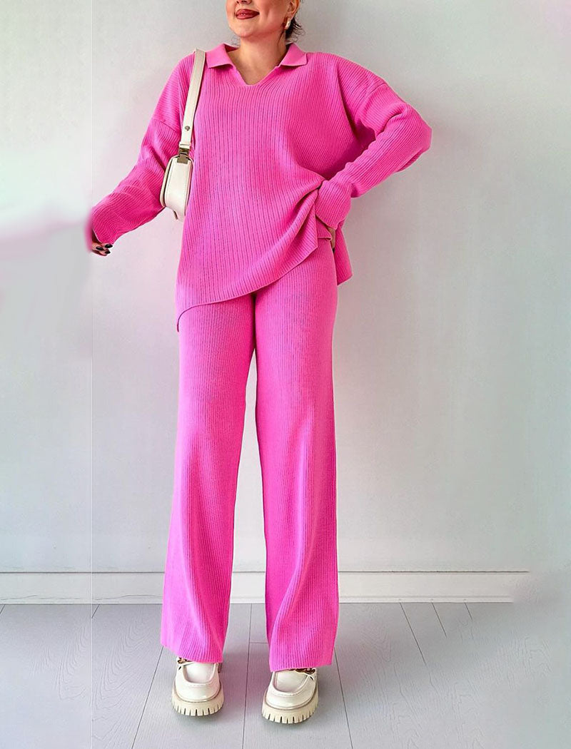 Ribbed Knit Lapel Sweater and Pants Set