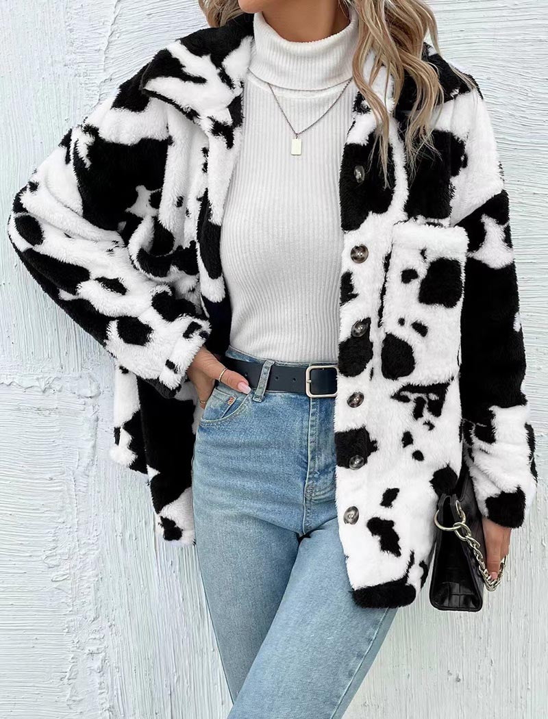 Oversized Cow Print Button-Up Jacket