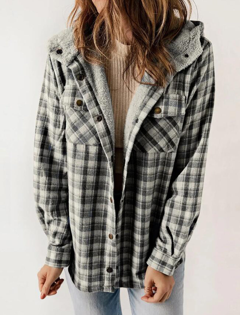 Plaid Long Sleeve Fuzzy Hooded Jacket