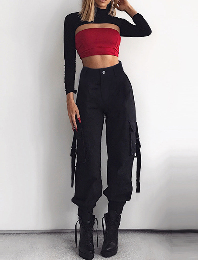 Ribbon Backpack Button Casual Pants