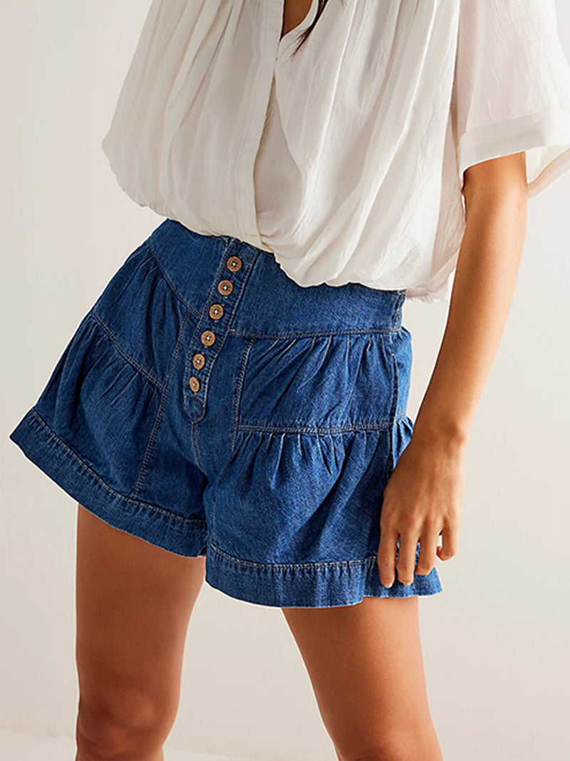 Button-Front Tiered Denim Skirt