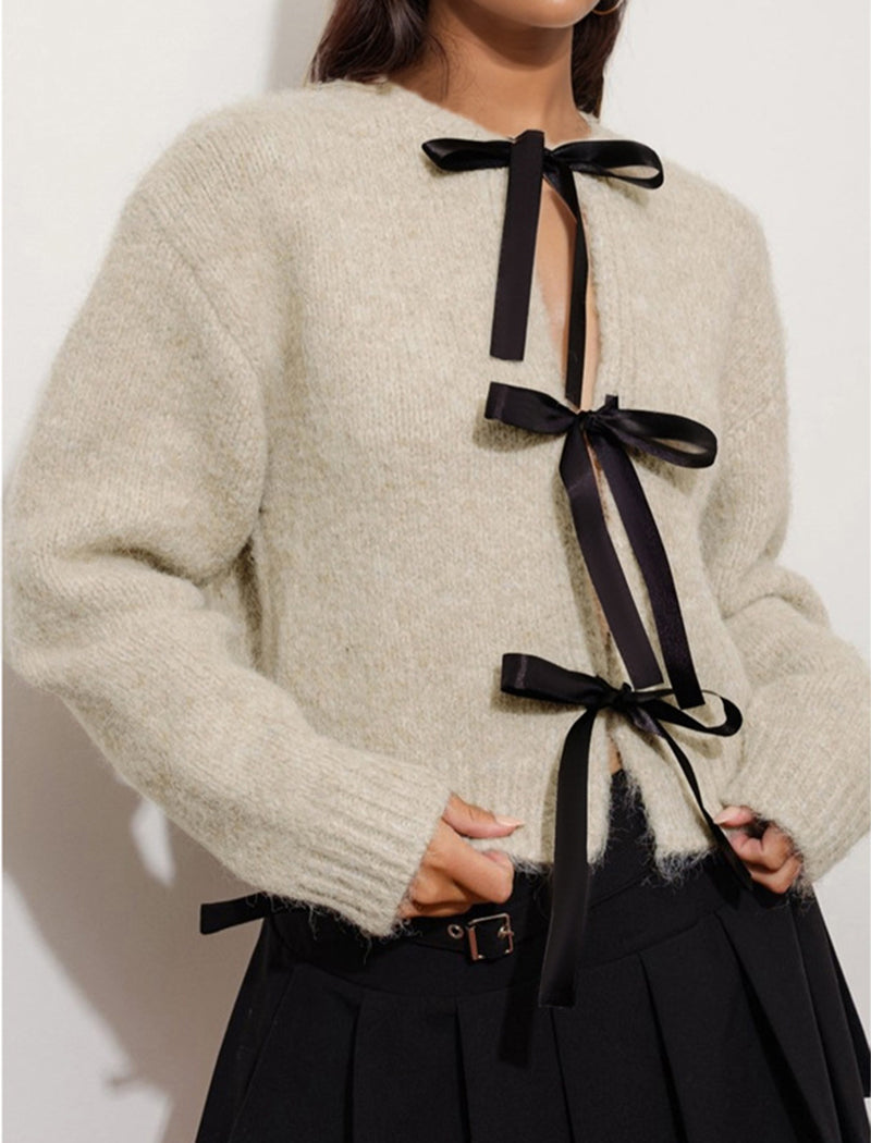 Bow-Knot Colorblock Lace-Up Long Sleeve Knit Top