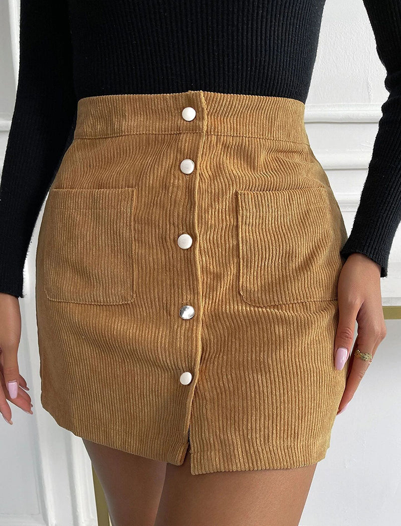 Button-Up Corduroy Mini Skirt