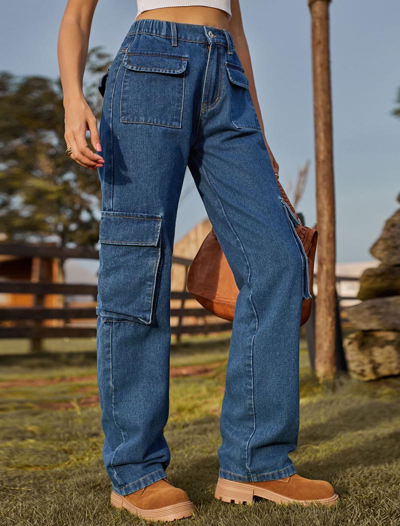 Utility Denim Cargo Pants with Elastic Waist