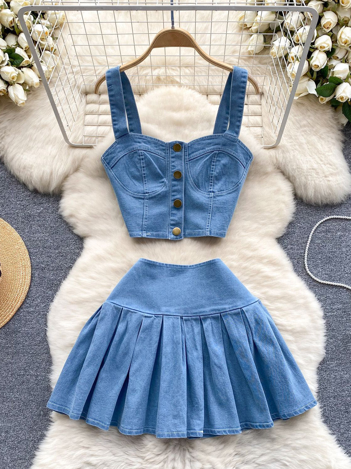 Denim Corset Top & Pleated Mini Skirt Set