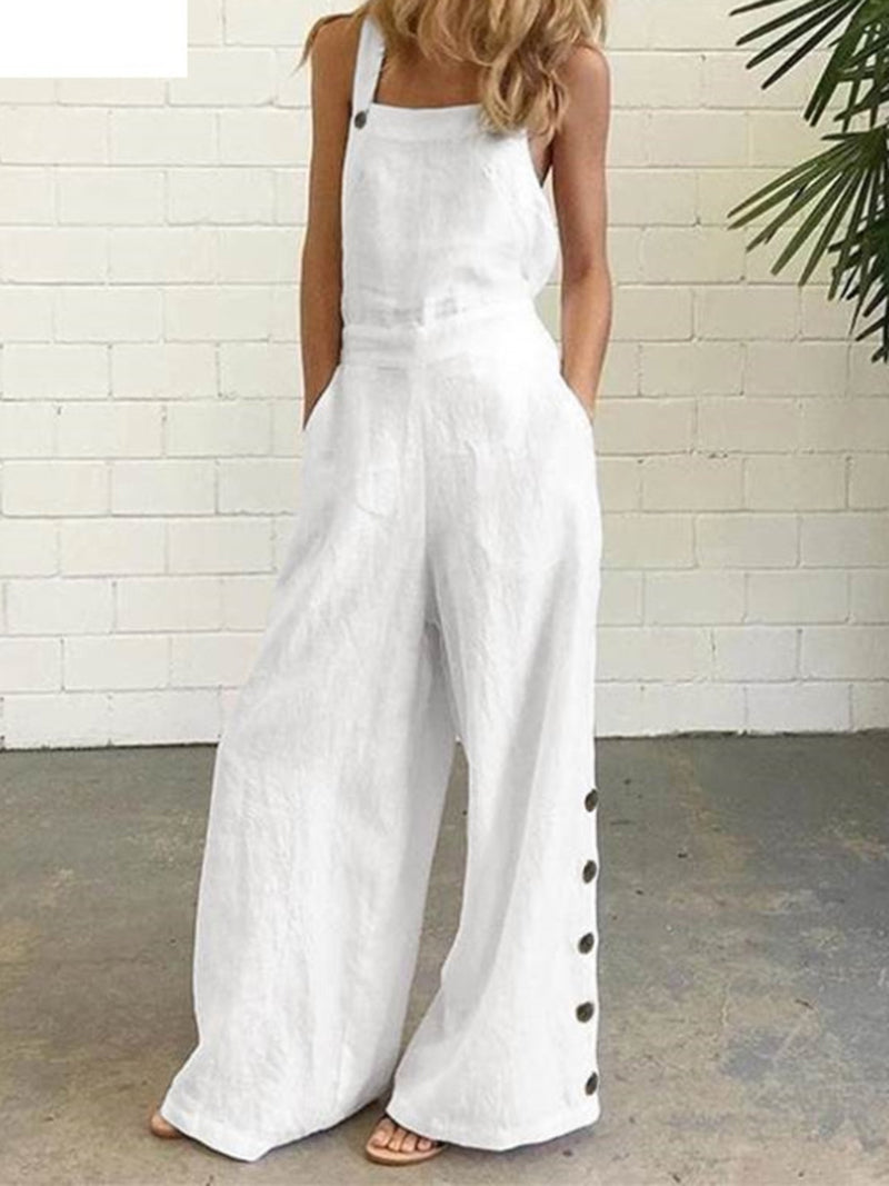 Solid Sleeveless Button Jumpsuit