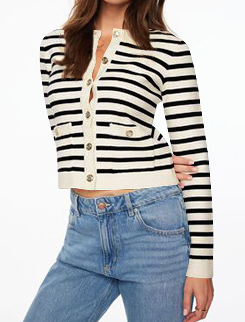 Striped Button-Up Cropped Cardigan