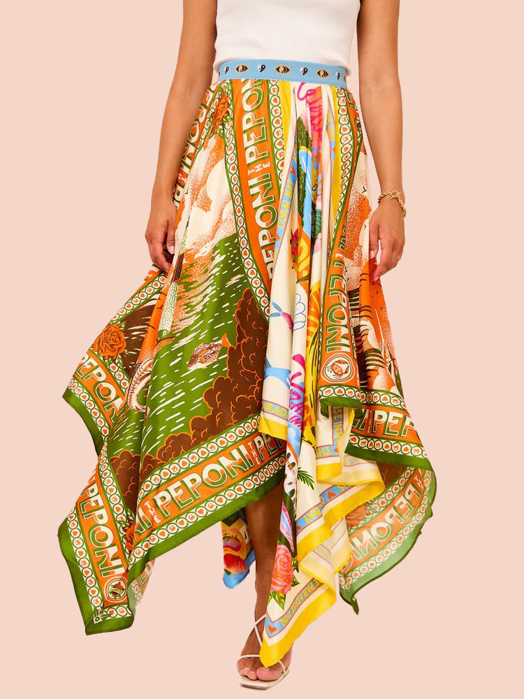 Graphic Print Asymmetrical Maxi Skirt