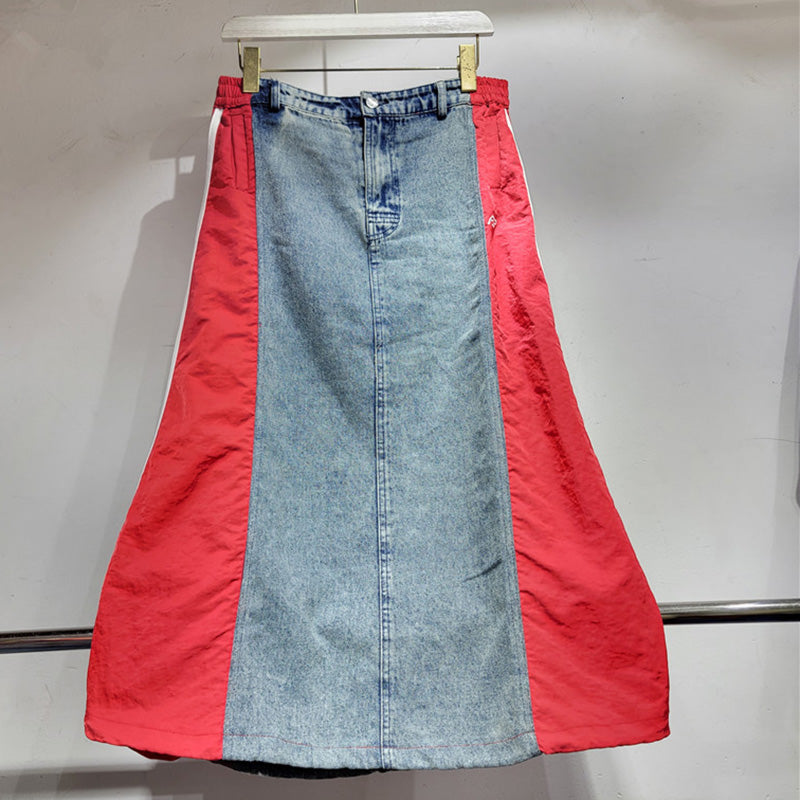 Contrast Panel Denim A-Line Skirt with Drawstring Hem