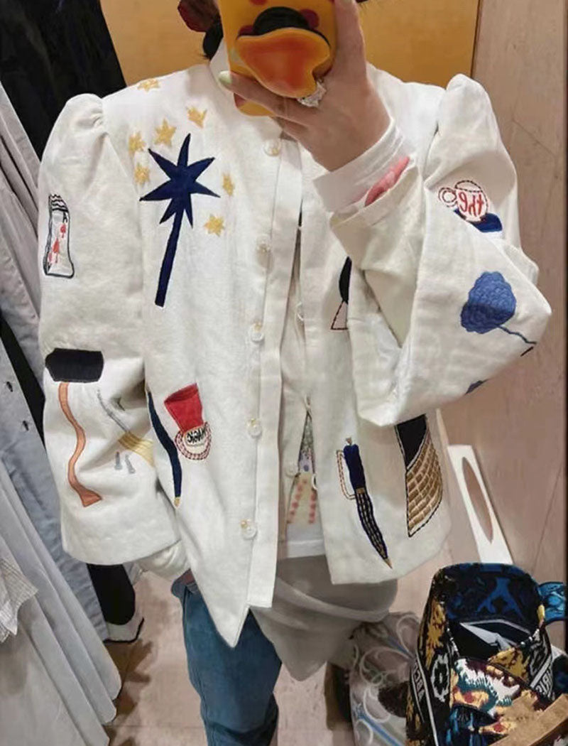 Graphic Patch Embellished Button Jacket