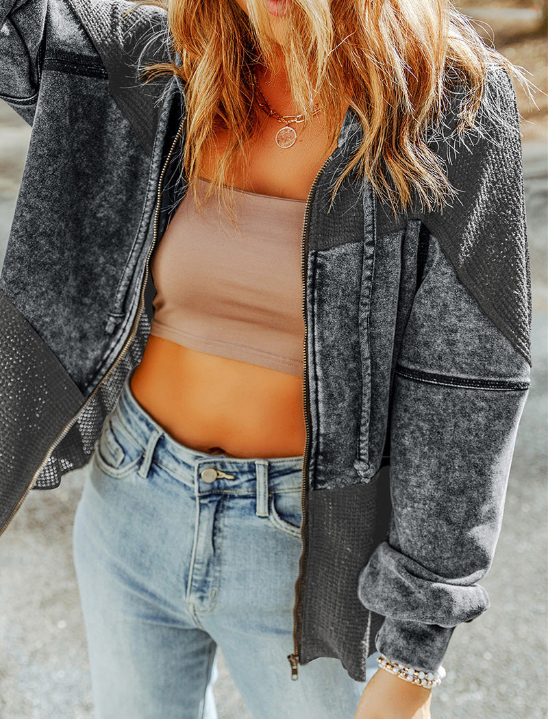 Colorblock Textured Zip-Up Hoodie