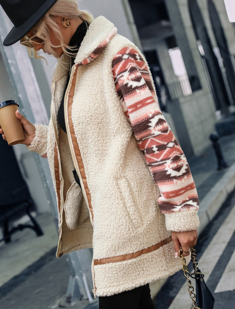 Colorblock Printed Long Coat with Lapels