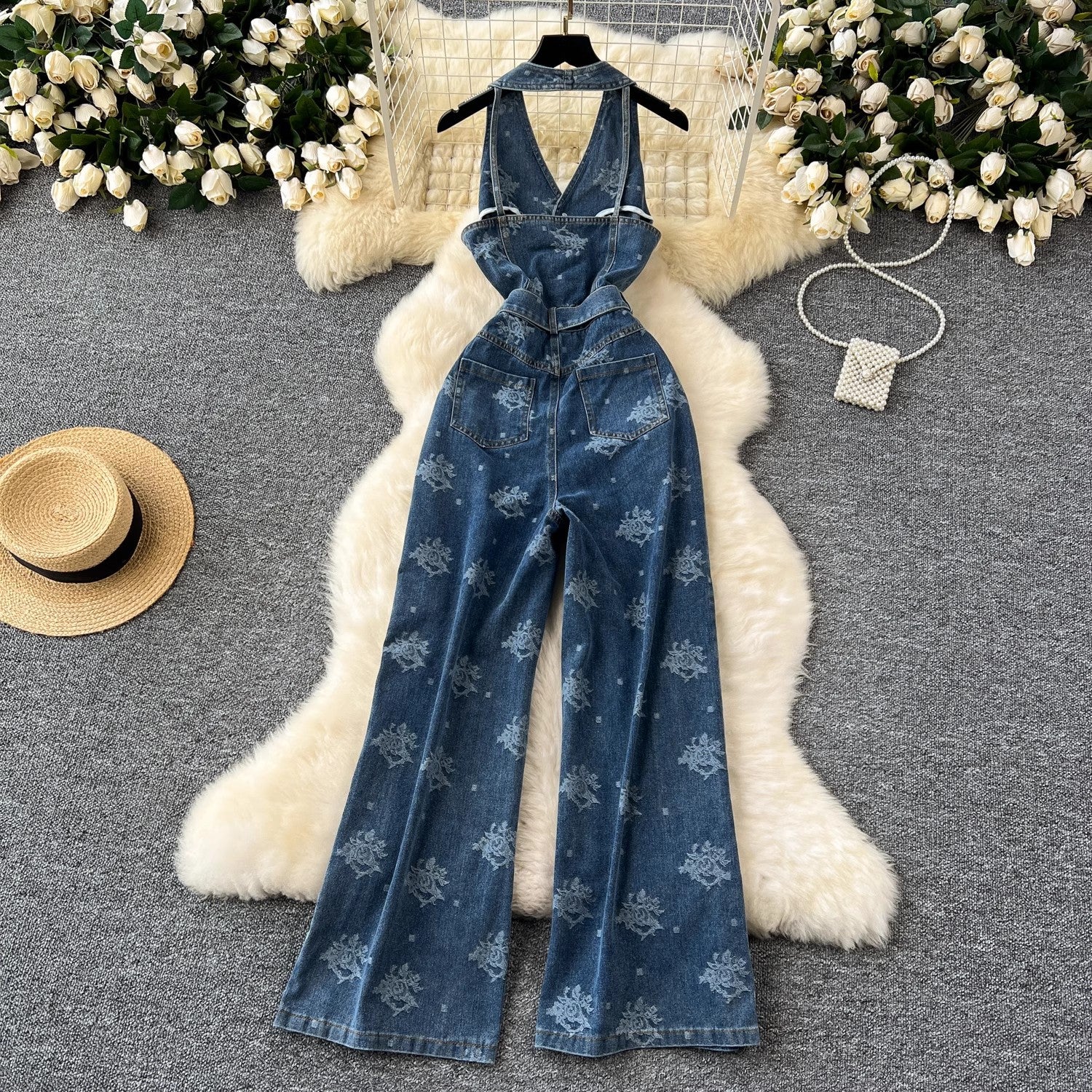 Floral Halter Denim Jumpsuit