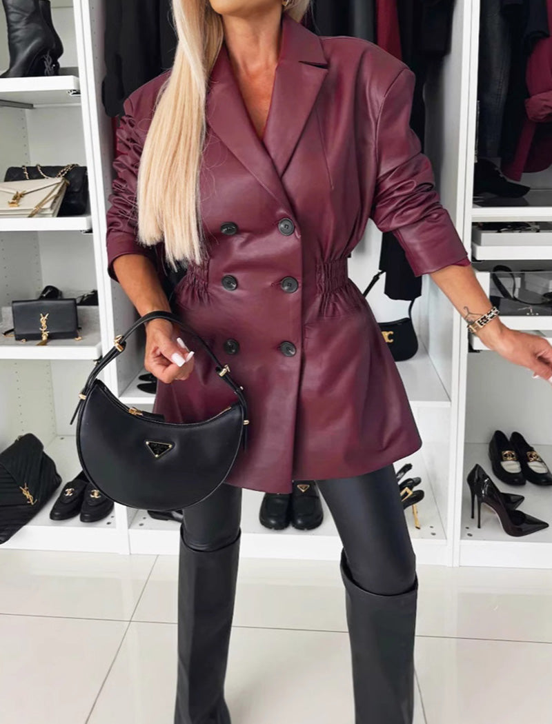 Double-Breasted Faux Leather Blazer
