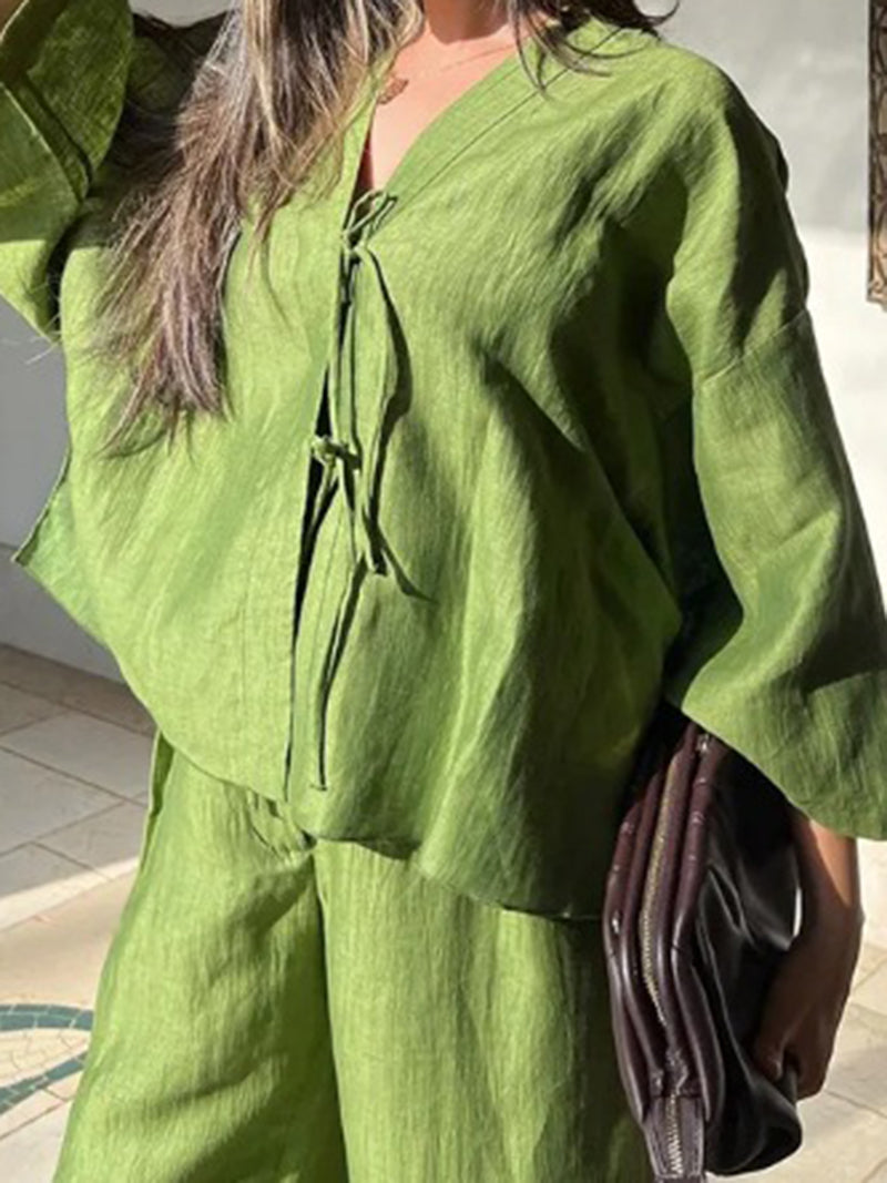Solid Tie-Front Blouse and Pants Set