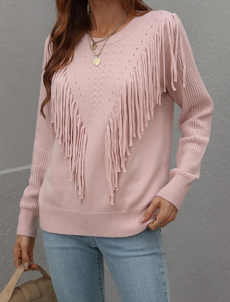 Fringe Accent Knit Crew Neck Sweater